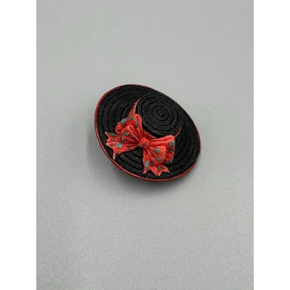 Vintage 1998 Red Lady Hat Elegant W/ Red‎ Bow Lapel Pin Brooch Retro